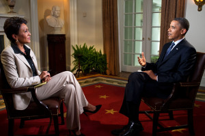 President Barack Obama participates in an interview with Robin Roberts of ABC's Good Morning America, in the Cabinet Room of the White House, May 9, 2012. (Official White House Photo by Pete Souza) This official White House photograph is being made available only for publication by news organizations and/or for personal use printing by the subject(s) of the photograph. The photograph may not be manipulated in any way and may not be used in commercial or political materials, advertisements, emails, products, promotions that in any way suggests approval or endorsement of the President, the First Family, or the White House.Ê