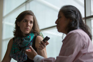 Maria_Cruz_interviewing_Nancy_Gertrudiz_at_Wikimania_2015